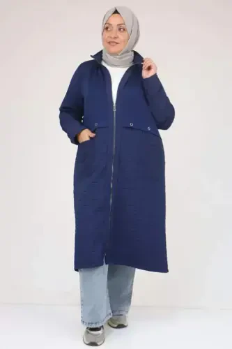 53039 Büyük Beden Kapitone - Modal Kombinli Trençkot - İndigo - BÜYÜKBEDENIZ (1)