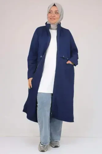 53039 Katta Hajmli Kapitone - Modal Kombinatsiyalangan Trençkot - Indigo - 1