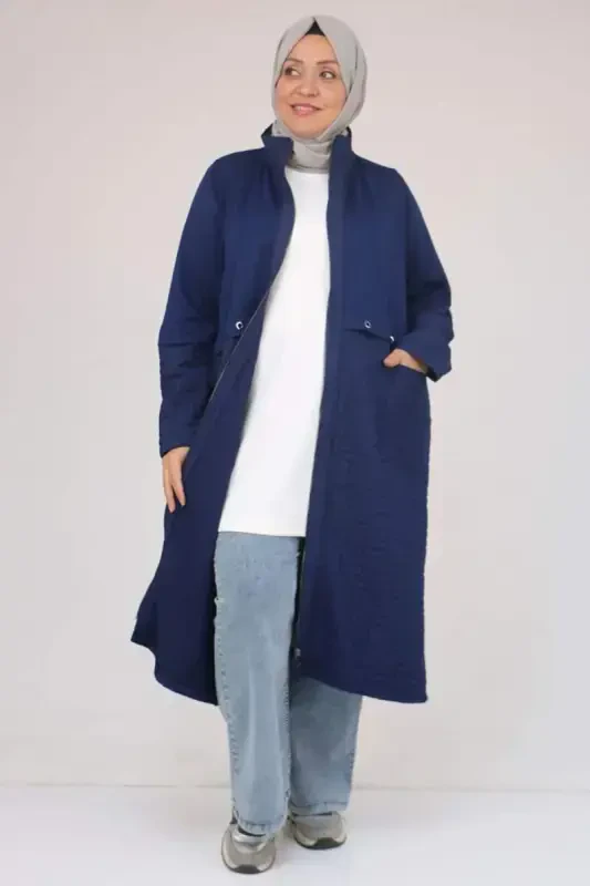 53039 Katta Hajmli Kapitone - Modal Kombinatsiyalangan Trençkot - Indigo - BÜYÜKBEDENIZ