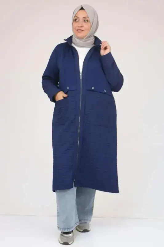 53039 Katta Hajmli Kapitone - Modal Kombinatsiyalangan Trençkot - Indigo - 2