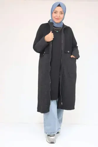 53039 Plus Size Quilted - Modal Combination Trench Coat - Black - 1