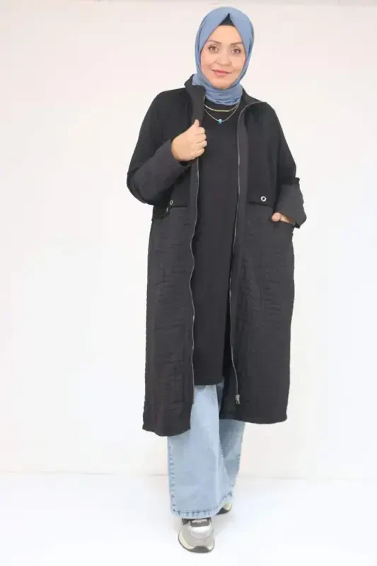 53039 Plus Size Quilted - Modal Combination Trench Coat - Black - BÜYÜKBEDENIZ