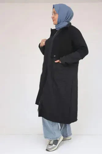 53039 Plus Size Quilted - Modal Combination Trench Coat - Black - BÜYÜKBEDENIZ (1)