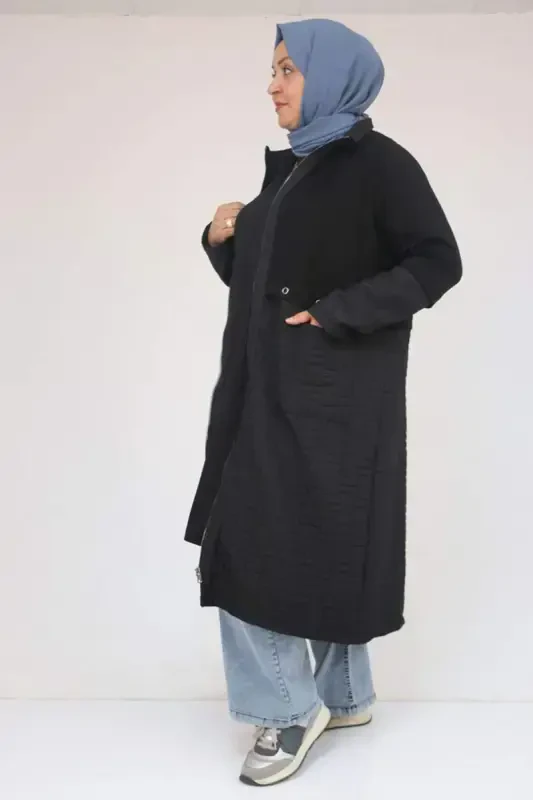 53039 Plus Size Quilted - Modal Combination Trench Coat - Black - 2