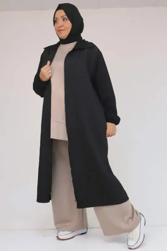 53042 Plus Size Elastic Sleeve Modal-Quilted Cape - Black - BÜYÜKBEDENIZ