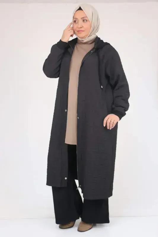 53043 Plus Size Collar Modal-Quilted Coat - Black - BÜYÜKBEDENIZ