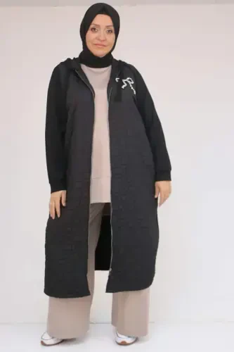 53045 Plus Size Elastic Sleeve Modal-Quilted Cape - Black - 1