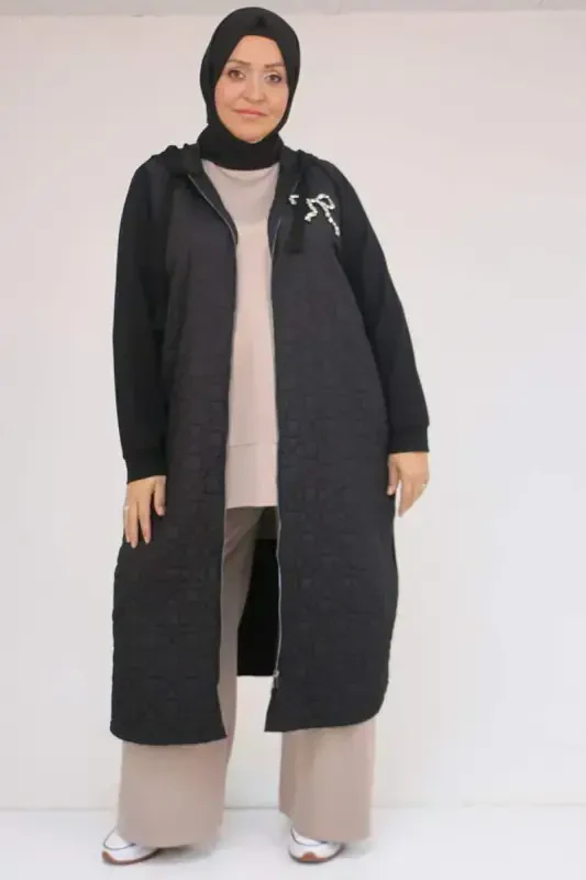 53045 Plus Size Elastic Sleeve Modal-Quilted Cape - Black - 1