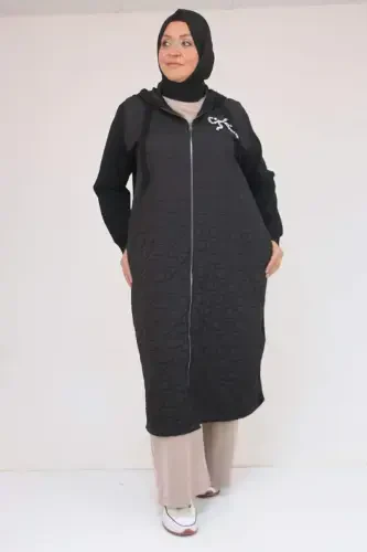 53045 Plus Size Elastic Sleeve Modal-Quilted Cape - Black - BÜYÜKBEDENIZ (1)