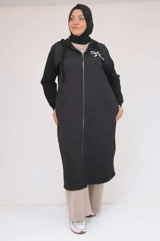 53045 Plus Size Elastic Sleeve Modal-Quilted Cape - Black - 2