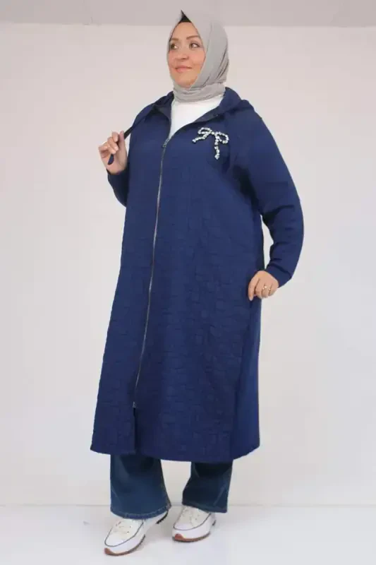 53045 Plus Size Elastic Sleeve Modal-Quilted Cape - Navy Blue - BÜYÜKBEDENIZ