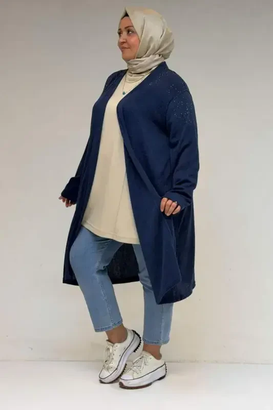 53047 Plus Size Shoulder Stone Detailed Mir Jacket - Indigo - 3