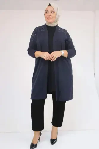 53047 Plus Size Shoulder Stone Detailed Mir Jacket - Navy Blue - 1