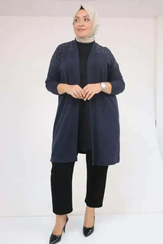 53047 Plus Size Shoulder Stone Detailed Mir Jacket - Navy Blue - 1