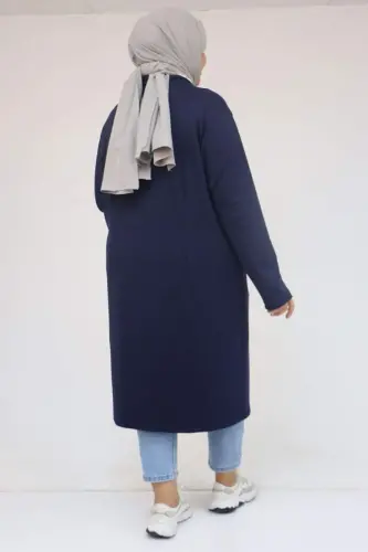 53048 Katta Hajmli Cho'ntakli Uzun Modal Kurtka - To'q ko'k - 3