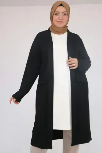 53048 Plus Size Pocketed Long Modal Jacket - Black - 1