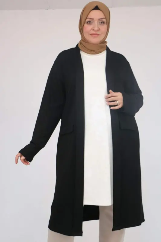53048 Plus Size Pocketed Long Modal Jacket - Black - 1