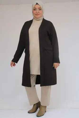 53048 Plus Size Pocketed Long Modal Jacket - Brown - 1