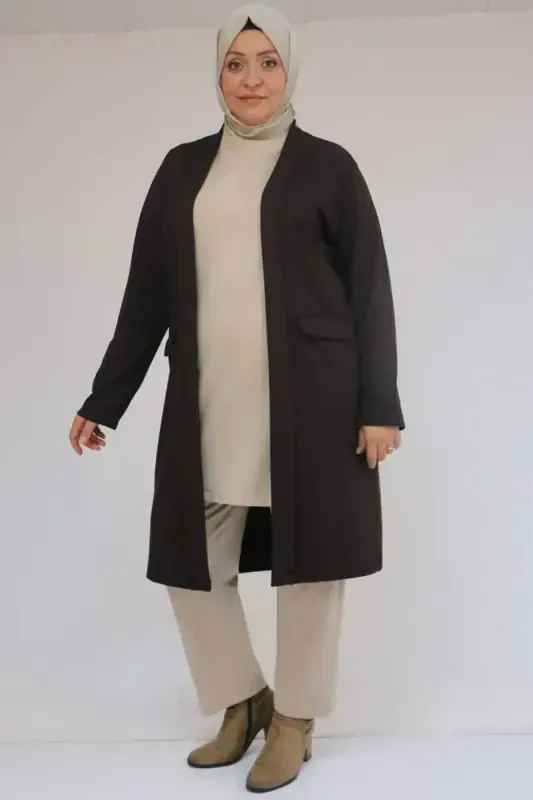 53048 Plus Size Pocketed Long Modal Jacket - Brown - BÜYÜKBEDENIZ