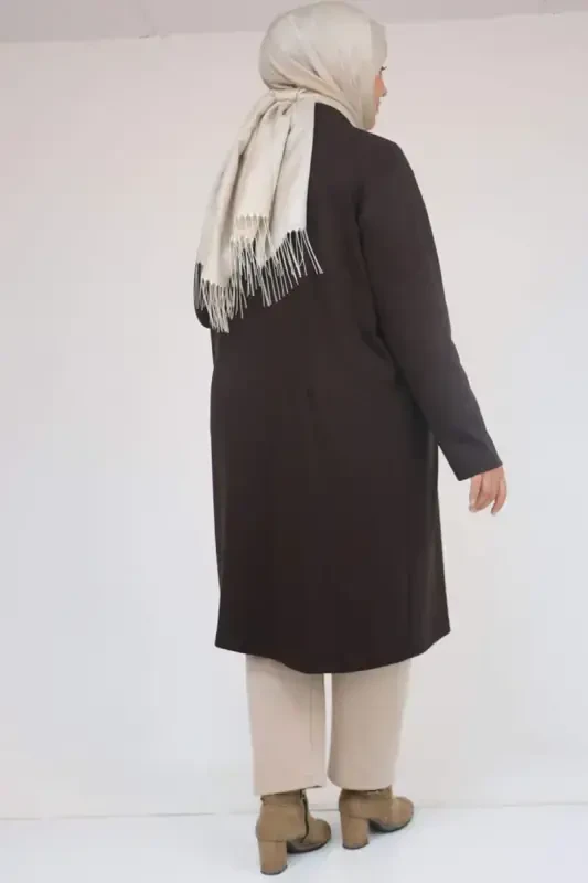 53048 Plus Size Pocketed Long Modal Jacket - Brown - 3