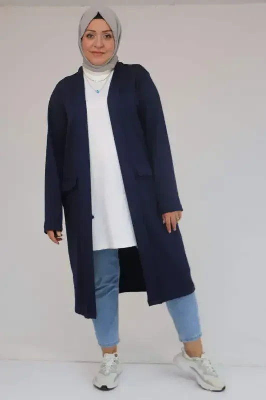 53048 Plus Size Pocketed Long Modal Jacket - Navy Blue - BÜYÜKBEDENIZ