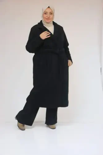 53049 Plus Size Felt Thick Cuffed Coat - Black - 1