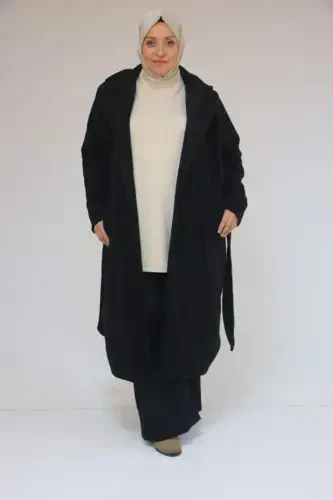 53049 Plus Size Felt Thick Cuffed Coat - Black - 3