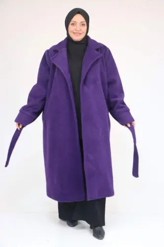 53049 Plus Size Felt Thick Cuffed Coat - Purple - 1