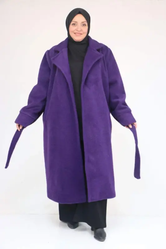 53049 Plus Size Felt Thick Cuffed Coat - Purple - BÜYÜKBEDENIZ