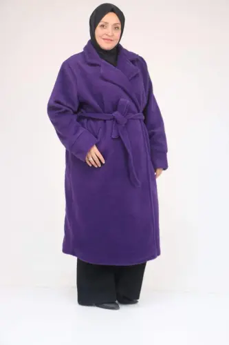 53049 Plus Size Felt Thick Cuffed Coat - Purple - 3