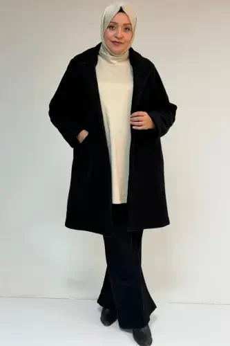 53051 Plus Size Felt Coat - Black - 1