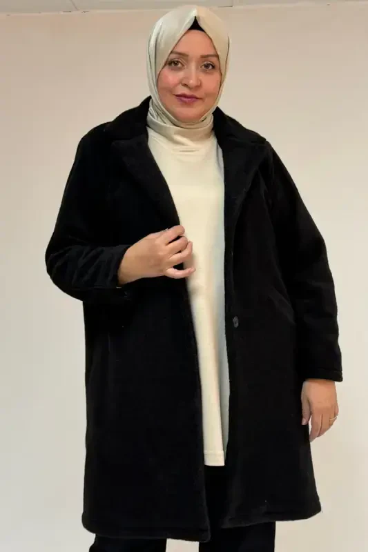 53051 Plus Size Felt Coat - Black - 2
