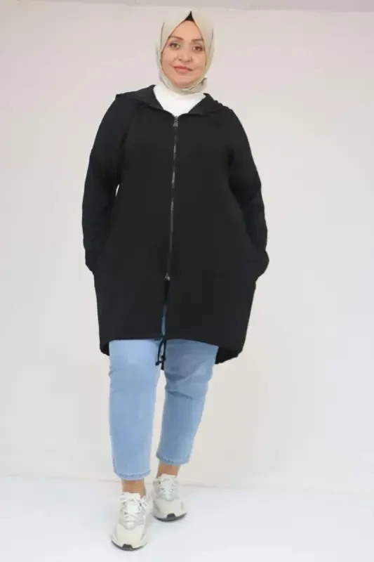 53053 Katta Razmer Etek Oval Kesimli Modal Kurtka - Qora - BÜYÜKBEDENIZ