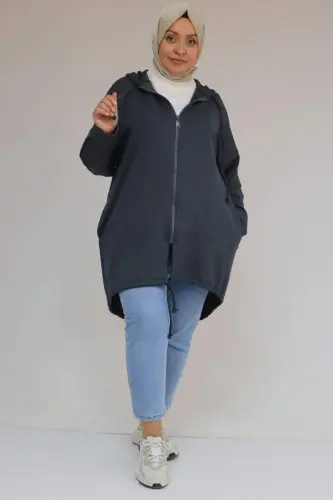 53053 Plus Size Skirt Oval Cut Modal Jacket - Anthracite - BÜYÜKBEDENIZ (1)