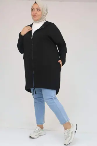 53053 Plus Size Skirt Oval Cut Modal Jacket - Black - BÜYÜKBEDENIZ (1)