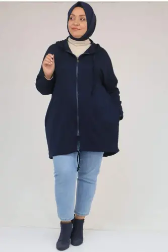 53053 Plus Size Skirt Oval Cut Modal Jacket - Navy Blue - 1