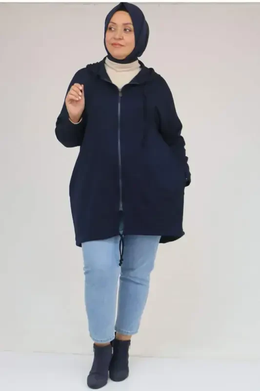 53053 Plus Size Skirt Oval Cut Modal Jacket - Navy Blue - BÜYÜKBEDENIZ