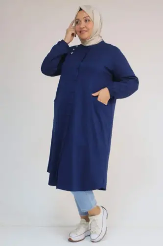 53054 Katta hajmli tugmachali modal kurtka - Indigo - 3