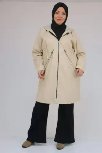 53055 Büyük Beden Bebe Lastik Detaylı Zara Deri Trençkot - Bej - 3