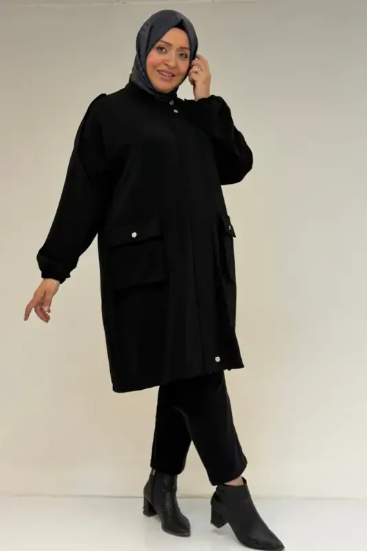 53056 Plus Size Stand Collar Pocketed Steel Clasp - Black - 1