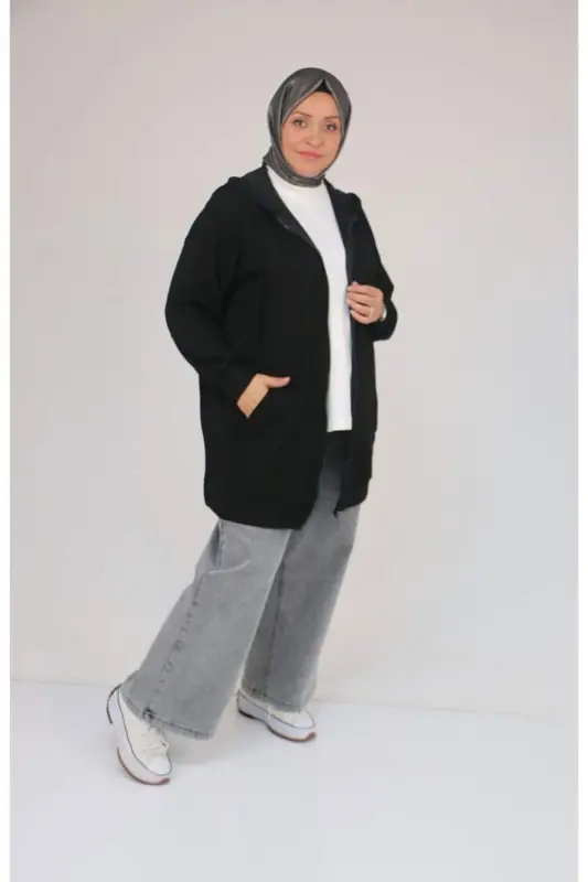 53057 Katta hajmli капюшонli молнияli modal kurtka - Qora - BÜYÜKBEDENIZ