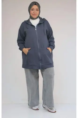 53057 Plus Size Hooded Zippered Modal Jacket - Anthracite - 1