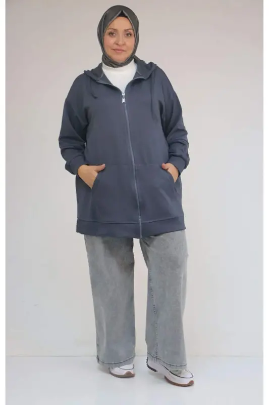 53057 Plus Size Hooded Zippered Modal Jacket - Anthracite - 1