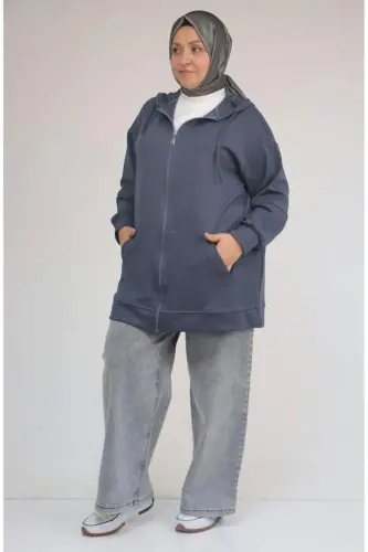 53057 Plus Size Hooded Zippered Modal Jacket - Anthracite - 3