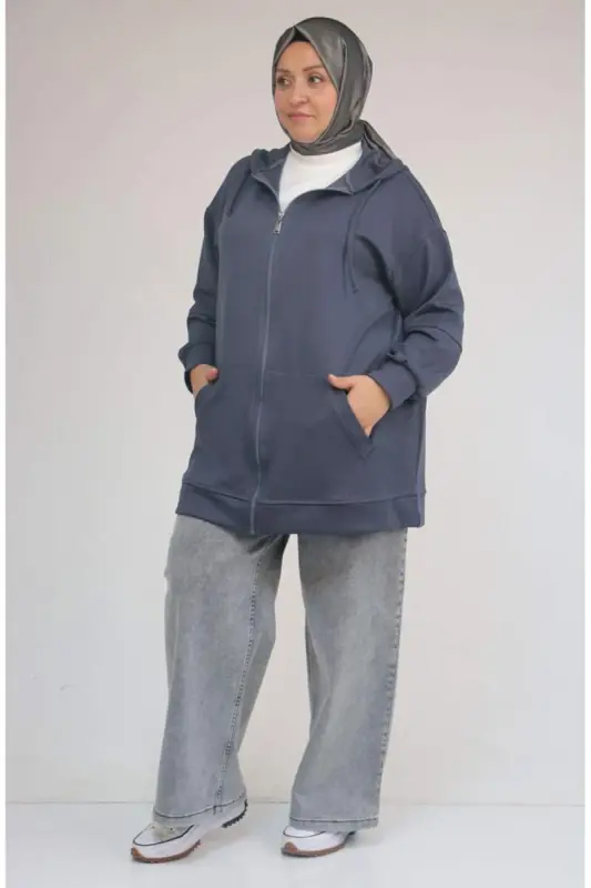 53057 Plus Size Hooded Zippered Modal Jacket - Anthracite - 3