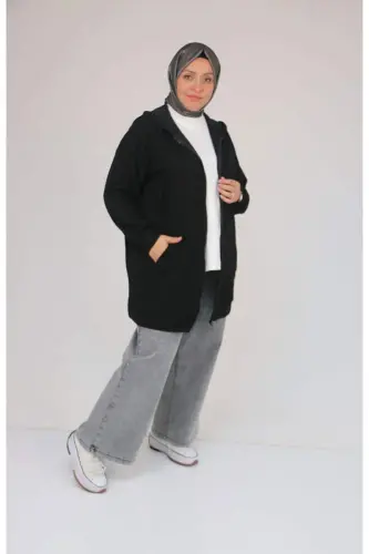53057 Plus Size Hooded Zippered Modal Jacket - Black - 1
