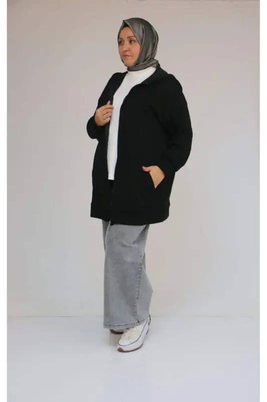 53057 Plus Size Hooded Zippered Modal Jacket - Black - 3