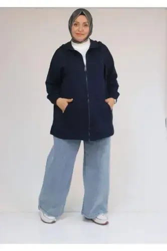 53057 Plus Size Hooded Zippered Modal Jacket - Navy Blue - 3