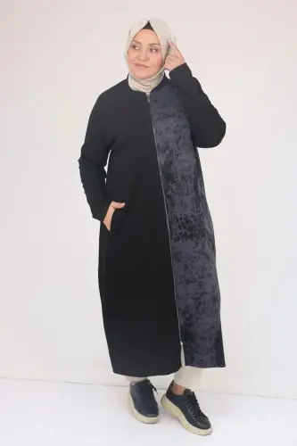 53058 Büyük Beden Fermuarlı Batik-Modal Ceket - Siyah - 1