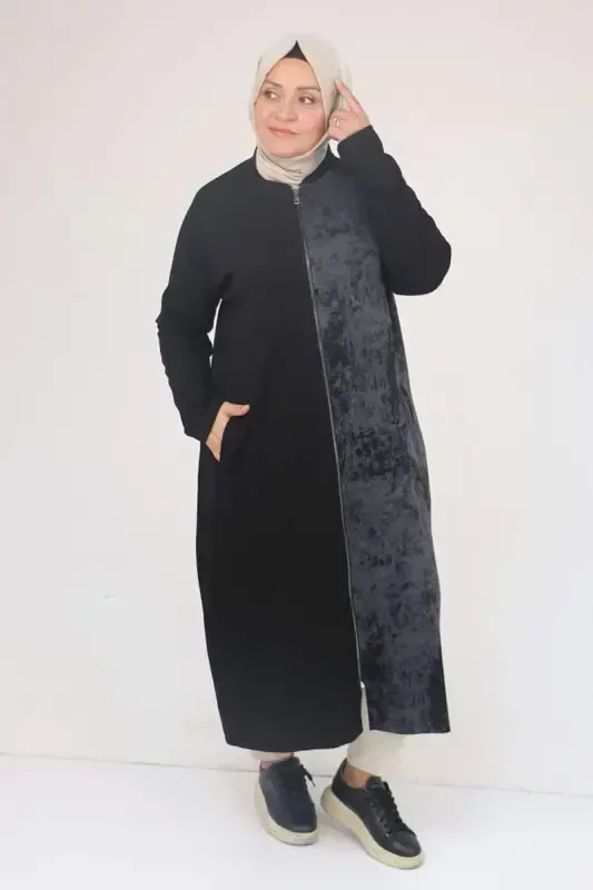 53058 Katta hajmli fermuarli batikli modal kurtka - Qora - 1